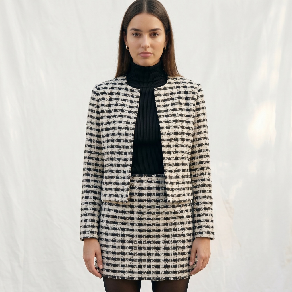 Conjunto Feminino Tweed Casaqueto Cropped e Saia Curta Social Elegante Inverno Trabalho — imagem 2 de 2