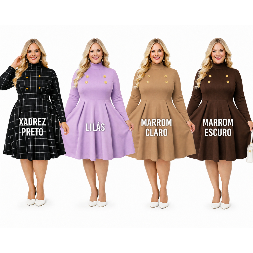 Vestido Plus Size Evangélico Miidi com Bolsos Rodado ou Tubinho Plus Social Casual Manha Longa Estilo Sobretudo