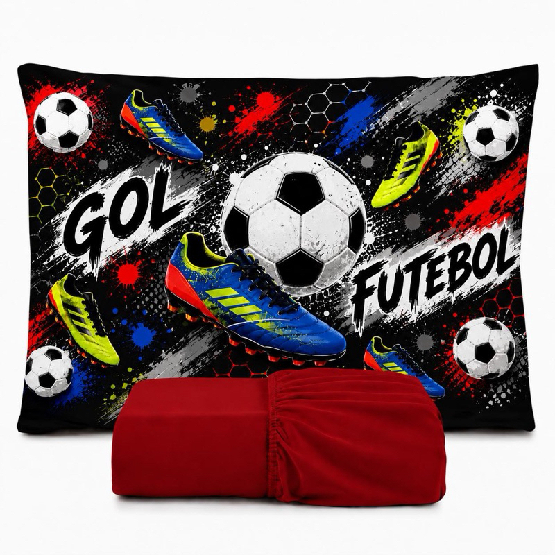 JOGO DE LENÇOL SOLTEIRO INFANTIL  FUTEBOL QUARTO MENINO FRONHA TRAVESSEIRO 2 PEÇAS