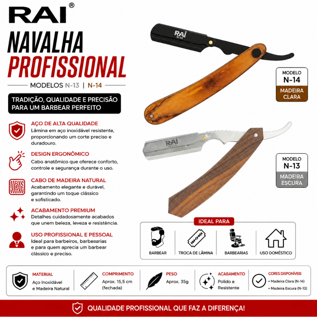 Navalha Navalhete Cabo Madeira | Lamina Profissional Barbeiro Barbearia Barba Cabelo Corte Rai