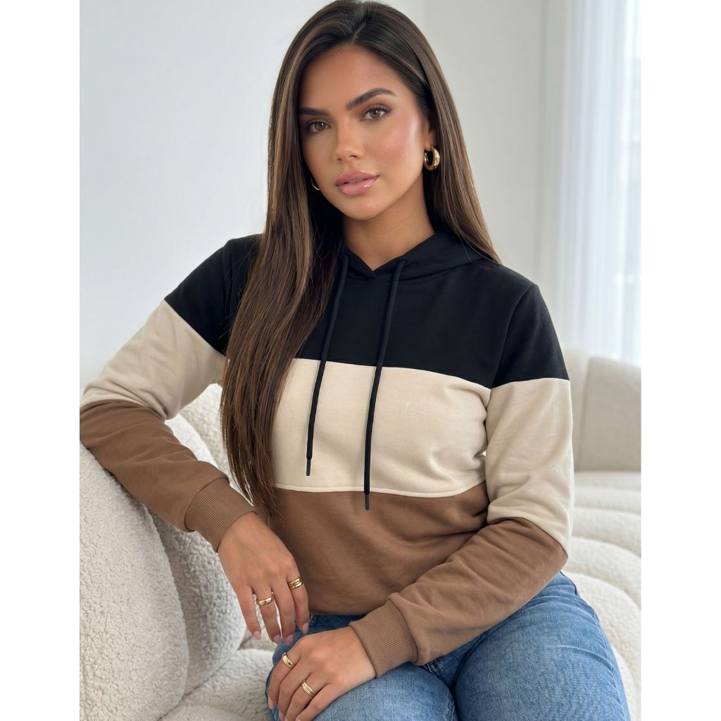 Blusa De Moletom Feminina Flanelada Com Capuz Recortes 3 Cores Agasalho De Frio