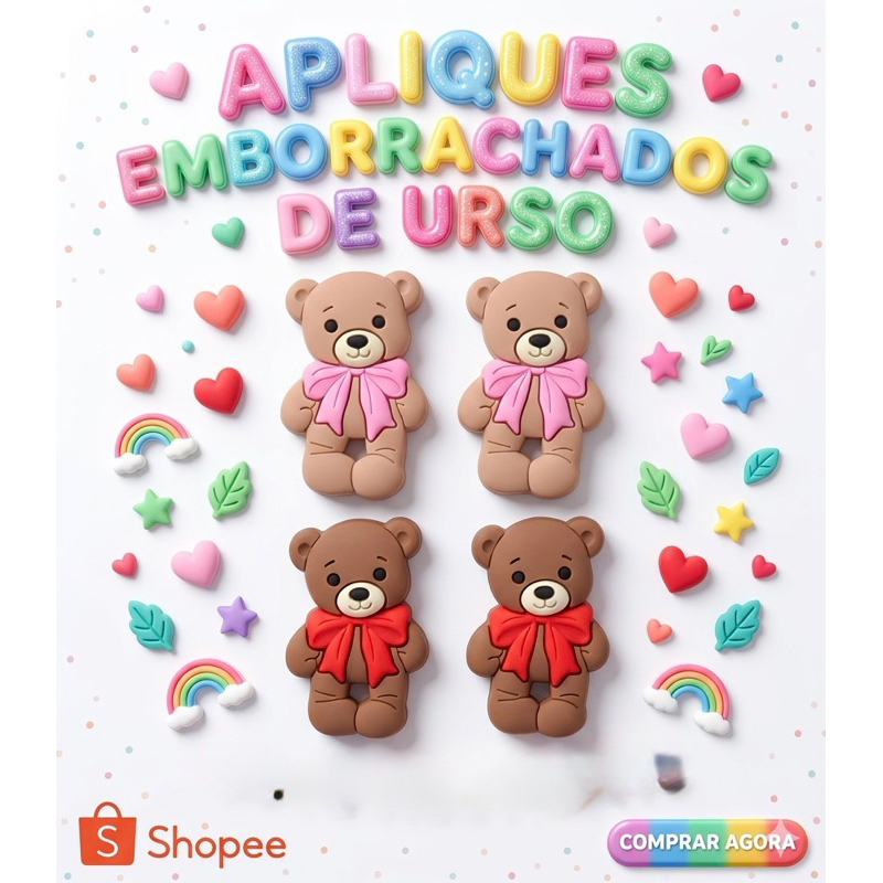 Aplique emborrachado Ursinha Lacinho Para Laços e tiaras 10 unidades