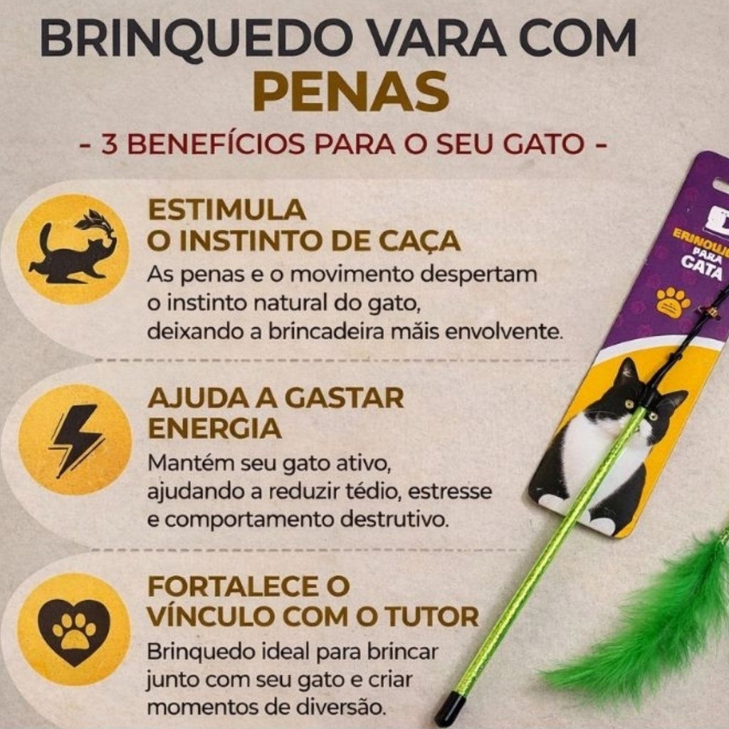 Varinha para Gato com Lagarta e Pena - Brinquedo Elástico com Bolinha e Guizo - Vara de Pesca Estimulante