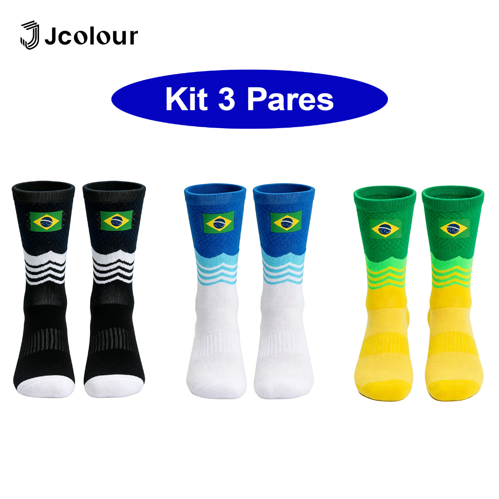 Kit 3 Meia de Futebol Brasil Cano Alto Copa do Mundo 2026 Esportiva Academia Corrida Antiderrapante