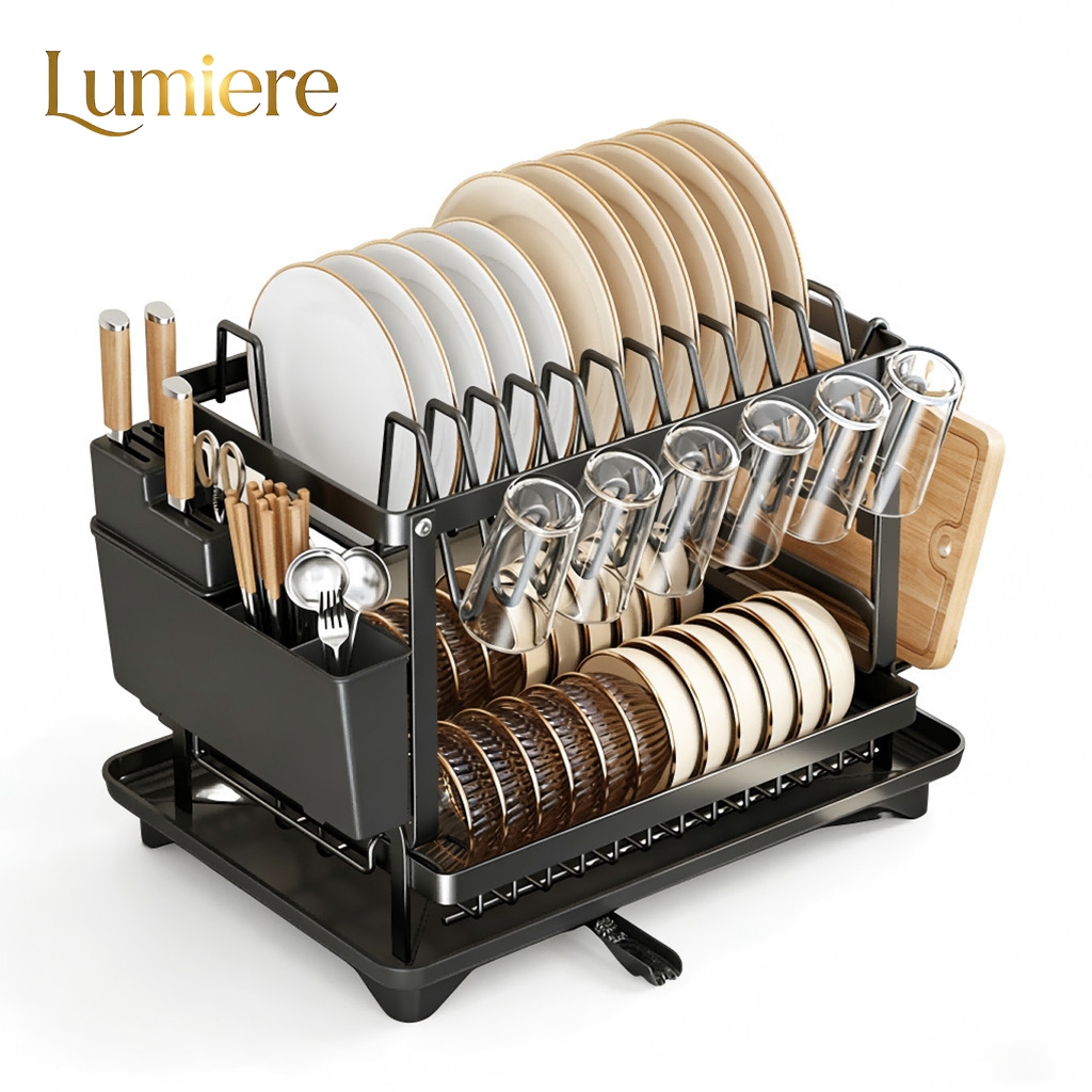 Escorredor de Louças 2 Andares 44,5x36x34cm com Bandeja e Suportes Preto