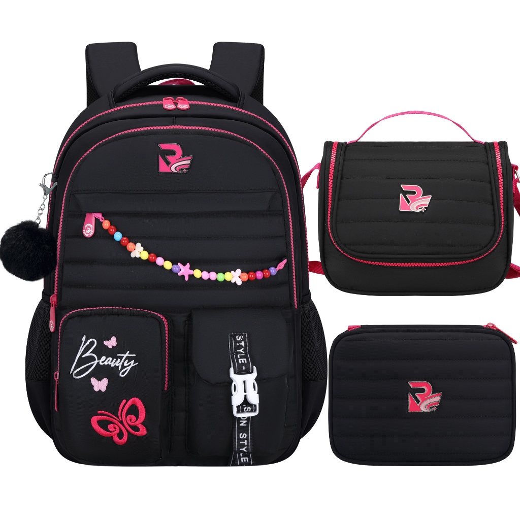 Kit Mochila Infantil Feminina Escolar 3 Peças Mochila Lancheira Estojo Borboleta com Pompom e Miçangas Grande Capacidade