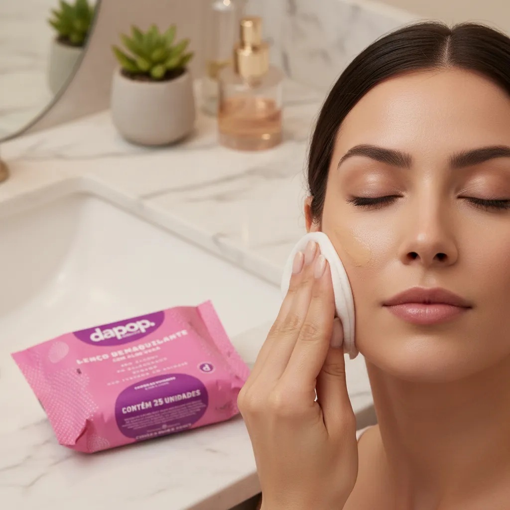 Lenço Demaquilante Hidratante Dapop - Hialurônico; Detox; Aloe Vera; Salicílico; Rosa Mosqueta; Vitamina C; Pêssego