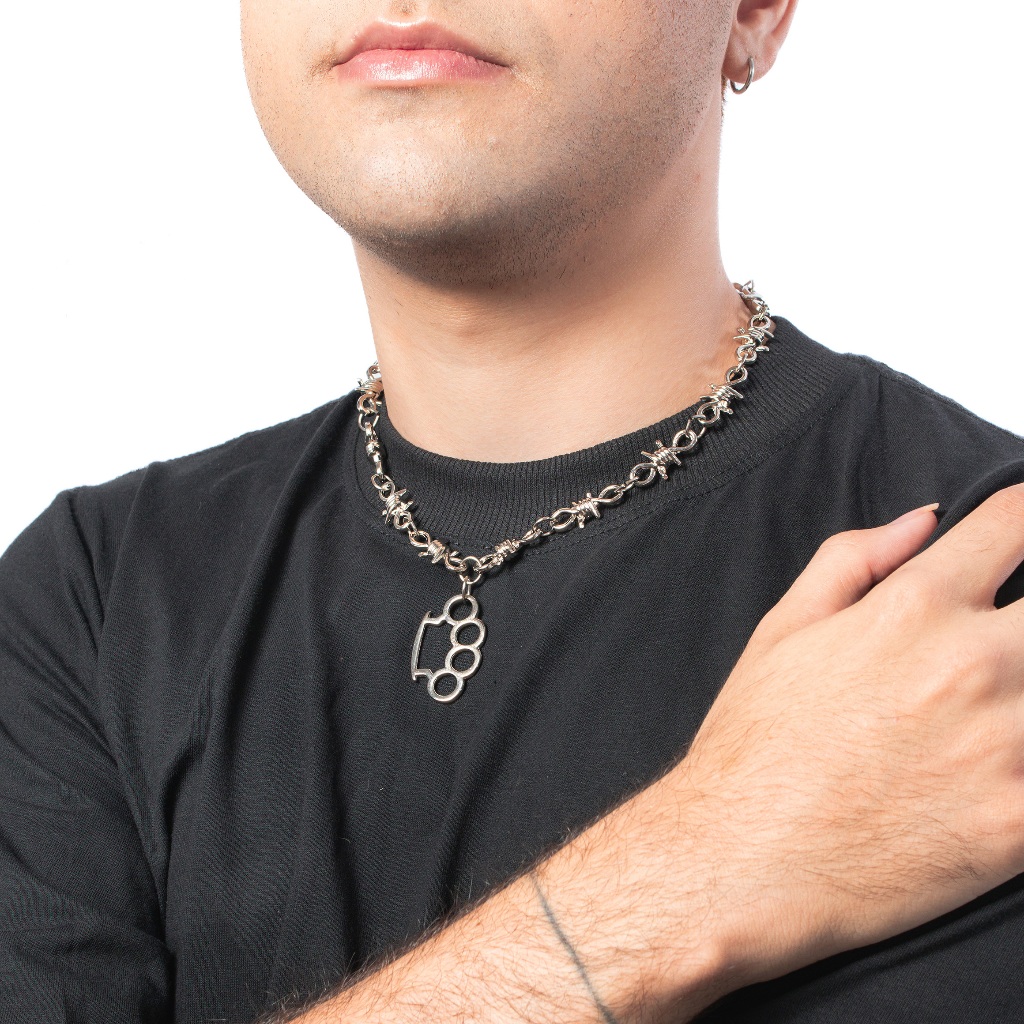 Colar Arame Farpado Masculino Alternativo Soco Ingles Off