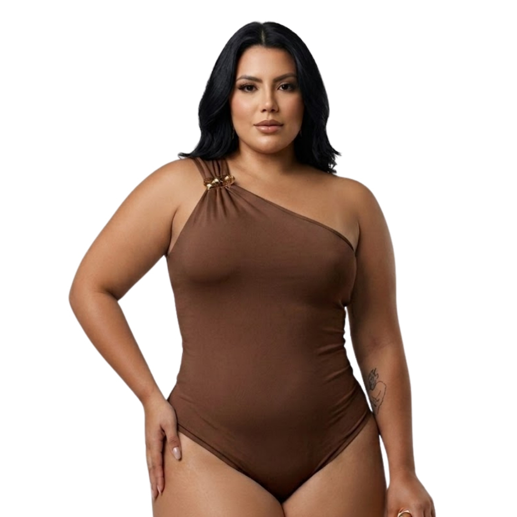 Body Um Ombro Só Feminino Plus Size Suplex Com Forro Pode Usar Como Maiô Zero Transparência Engana Mamãe Elegante