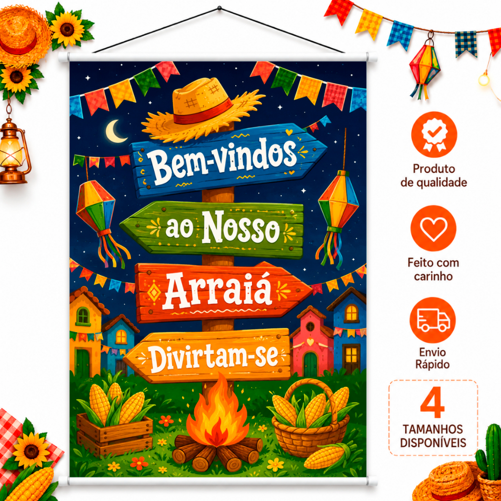 Banner Festa Junina Bem Vindos ao Nosso Arraiá Decorativo São João Quermesse Escolar Colorido