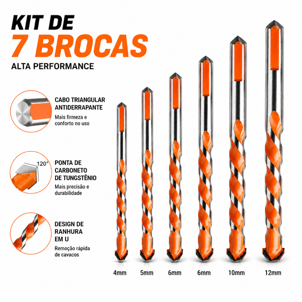 kit 7 Brocas Tungstênio Multiuso Profissional Para Furadeira Construção E Manutenção Multi Material Tamanhos Variados