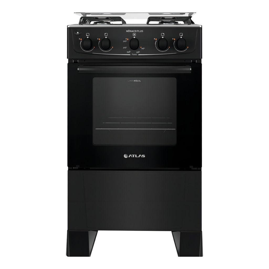 Fogão 4 Bocas Atlas Mônaco Plus Preto Com Mesa Inox E Acendimento Automático Bivolt