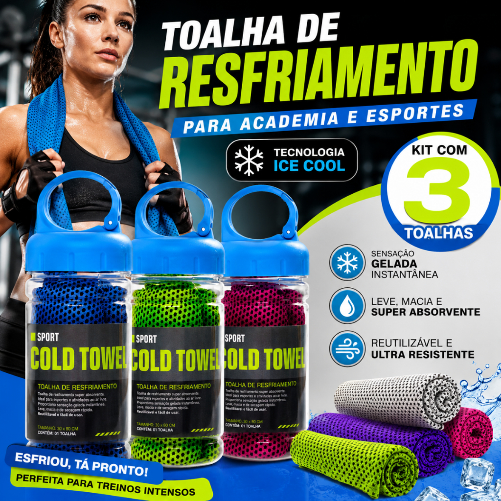 Kit 3 Toalha Esportiva Gelada Com Garrafa Academia Exercícios Treino Corrida + Estojo