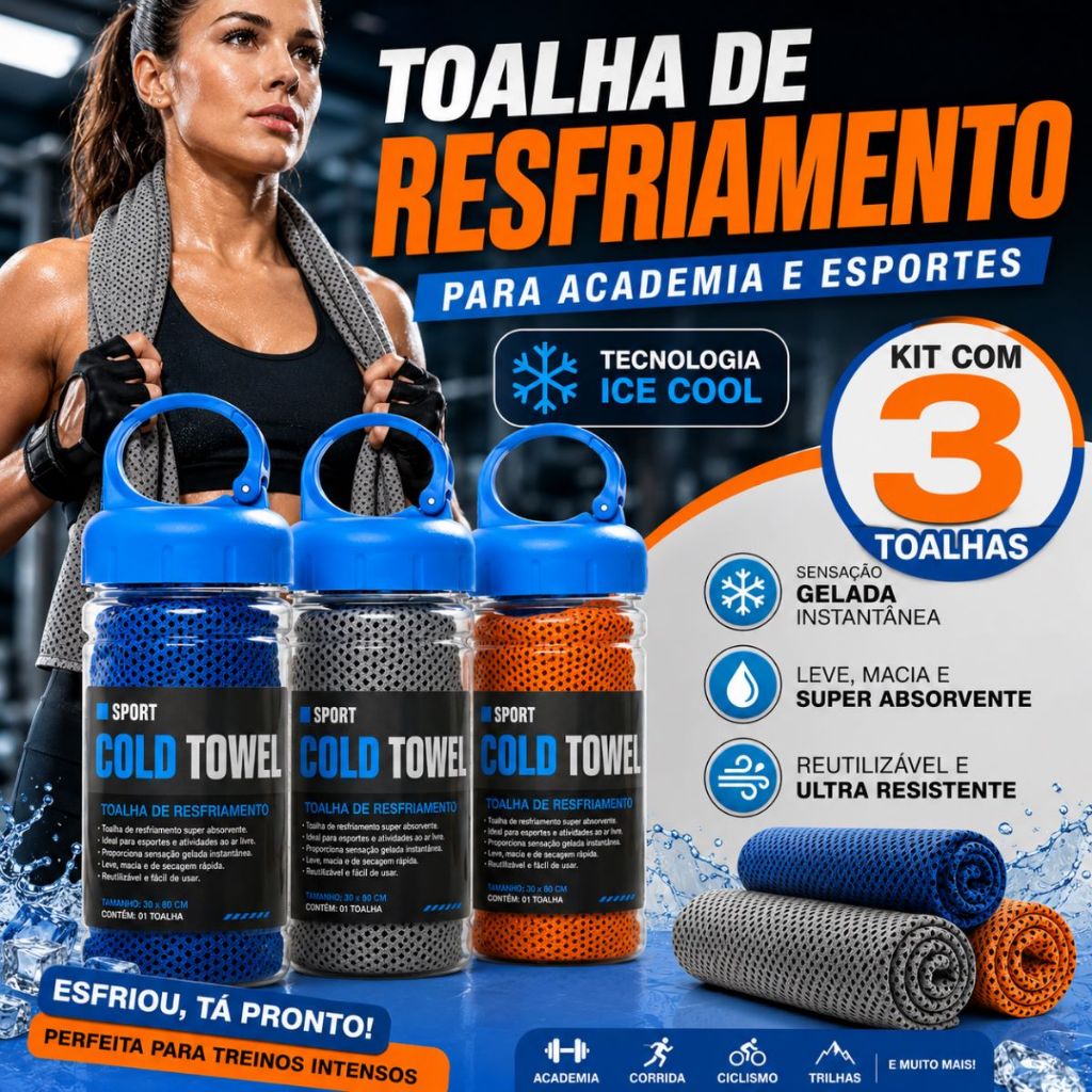 Kit 3 Toalha Esportiva  Exercícios Treino Corrida + Estojo Toalha Gelada Com Garrafa Academia