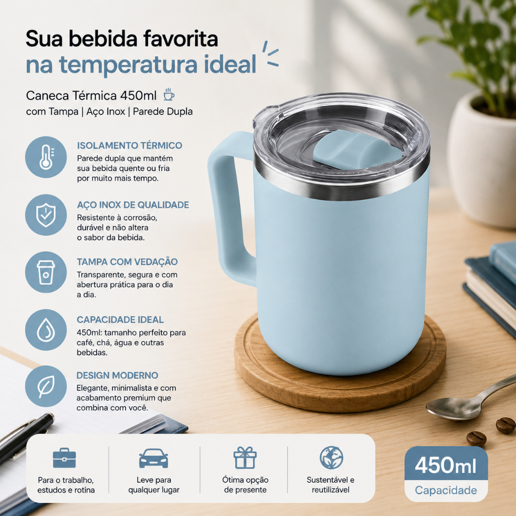 Caneca Térmica Café 450ml com Tampa Aço Inox Parede Dupla Azul
