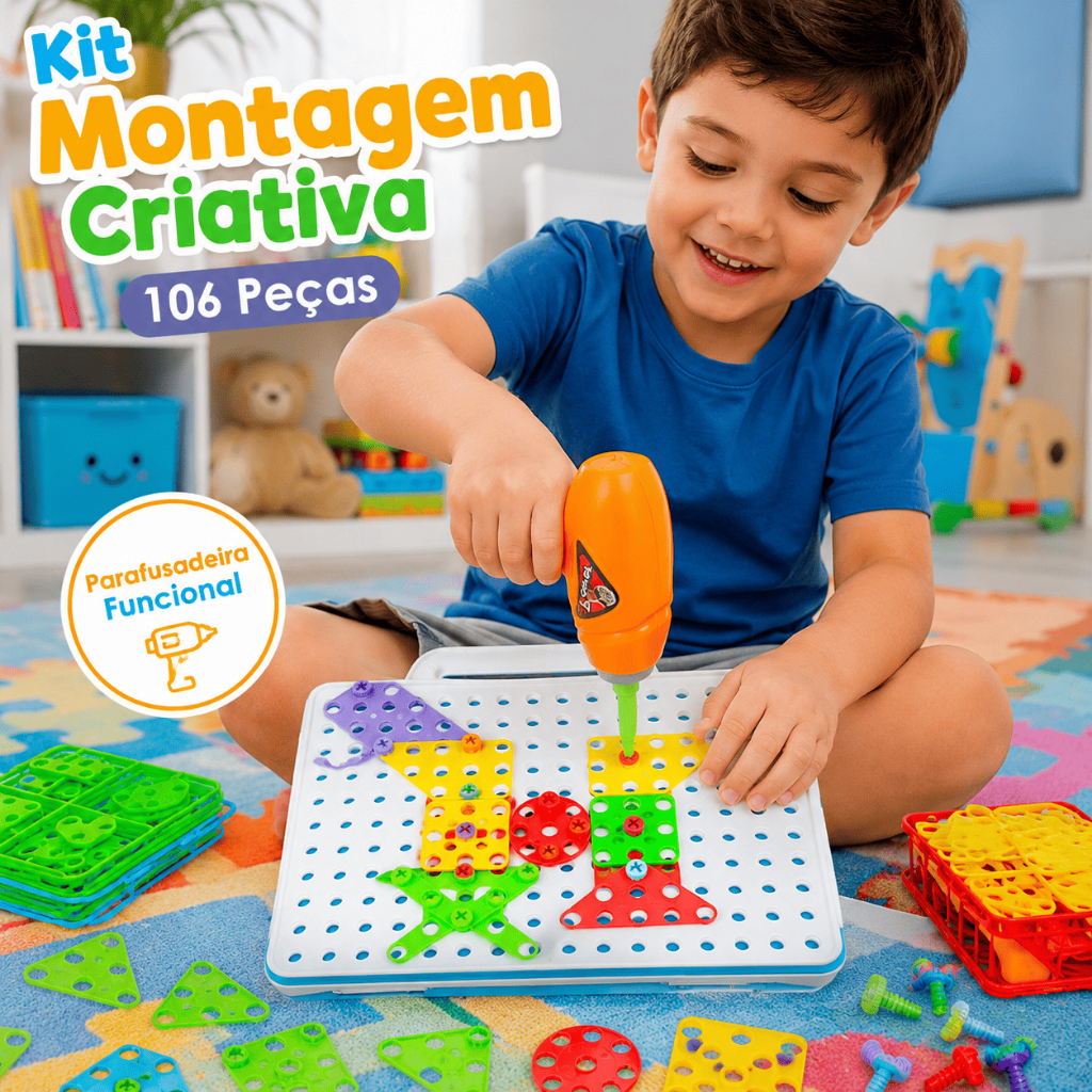 Kit Ferramentas Infantil com Parafusadeira Funcional 106 Pçs Coloridas Brinquedo Educativo Criativo