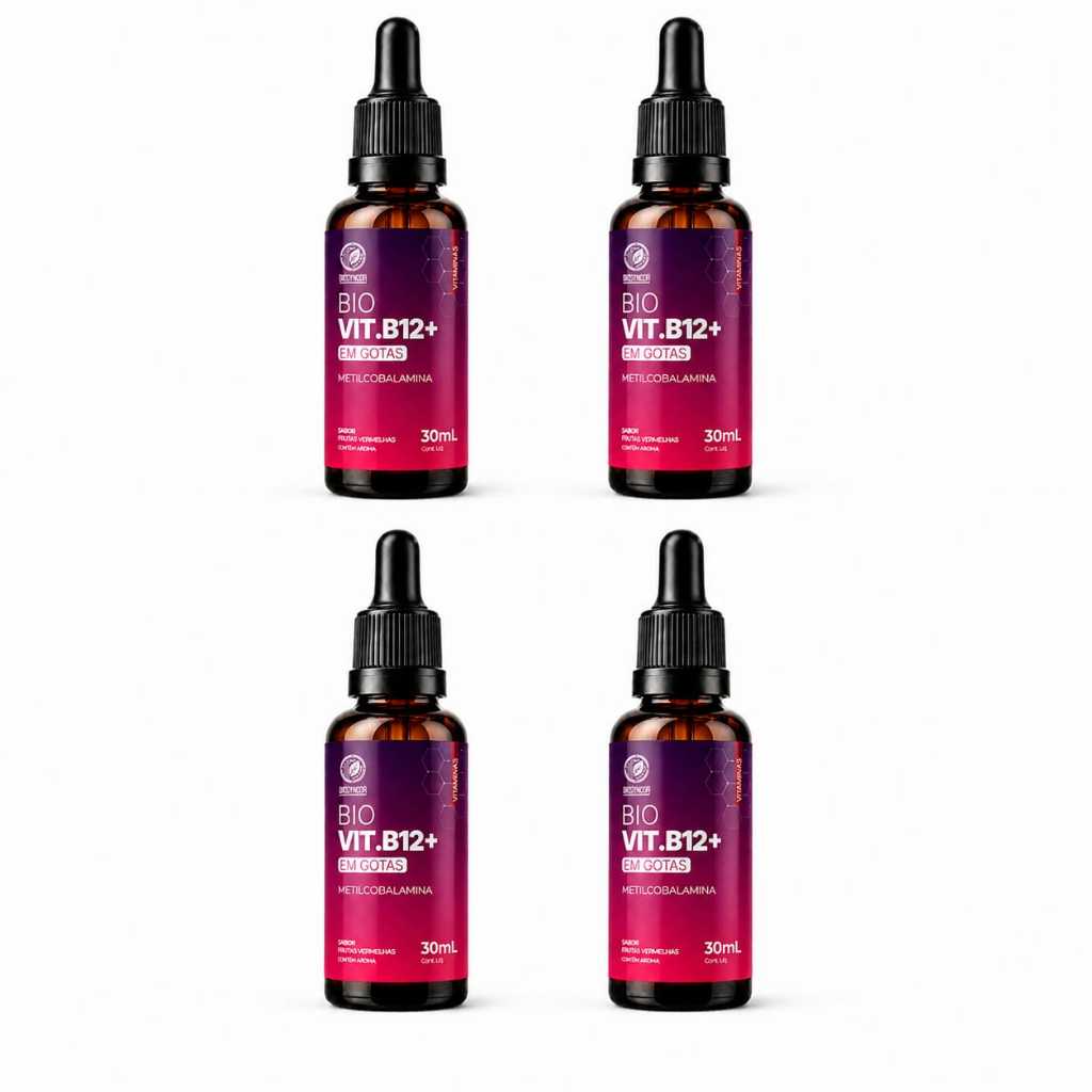 kit com 4 Bio Vit. B12+ METILCOBALAMINA Vitamina B12 Sublingual 20ml - Puravida