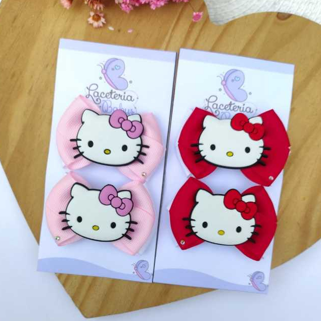 Par de laço Hello Kity na Presilha Laço de Cabelo Infantil Helo Kitty Vermelha/Rosa