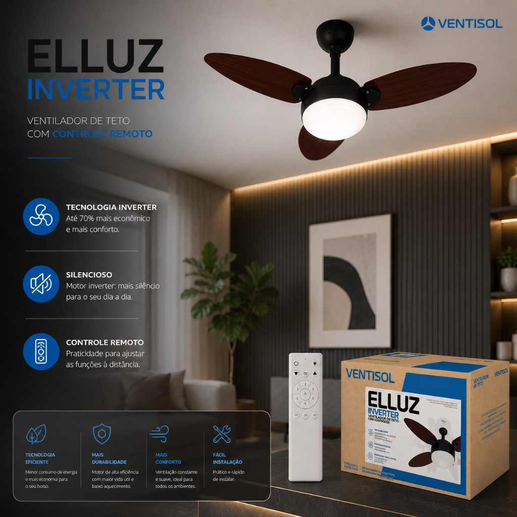 Ventilador De Teto Ventisol Turbo Ventilador de Teto com Controle Ventilador Silencioso Inverter