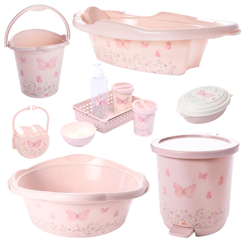 KIT BANHEIRA OU BACIA BEBÊ PLASUTIL + KIT HIGIENE 5 PEÇAS + LIXEIRA BALDE SABONETEIRA PORTA CHUPETA