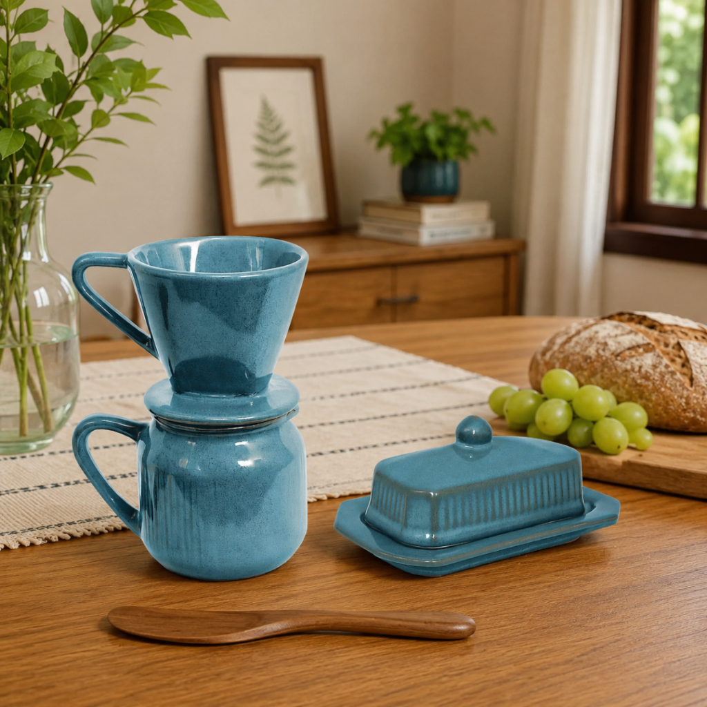 Kit Coador de Café e Manteigueira Retangular Cerâmica Louças Decoração Cafeterias Padarias