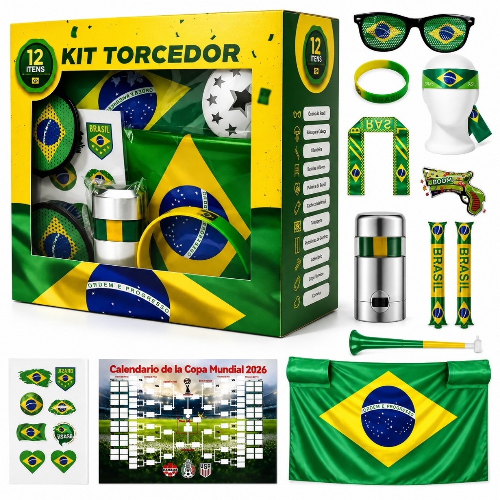 Kit Torcedor Brasil 12 Itens Completo Copa do Mundo 2026 Bandeira Cachecol Corneta Festa Torcida  Jogo Do Brasil
