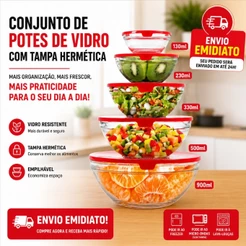 Kit 5 Potes de Vidro C/ Tampa Conjunto Organizadores Cozinha Multiuso Armazenamento de Alimentos