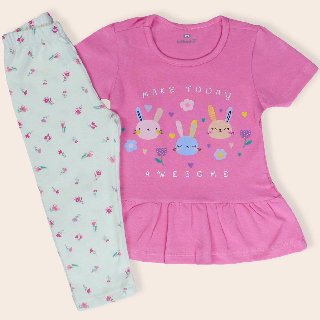 Conjunto Infantil Menina Verão Blusa Manga Curta e Calça Legging Cotton Tamanho 1, 2 e 3