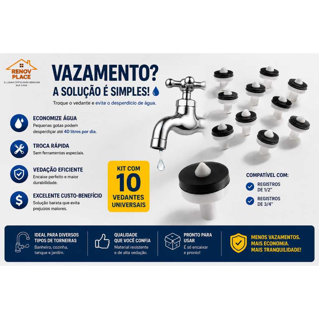 Kit 10 Vedantes Borracha para Torneira e Registro 1/2 e 3/4 - Acabe com o Pinga-Pinga
