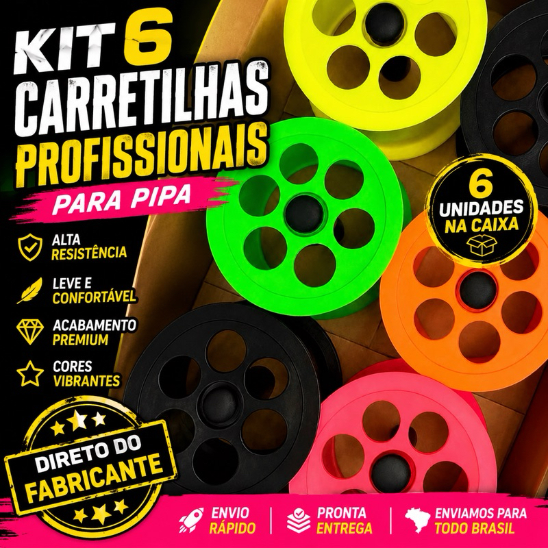 Caixa com 6 Carretilhas Grande 21 cm Colorida Para Linha de Pipa Reforçada Profissional