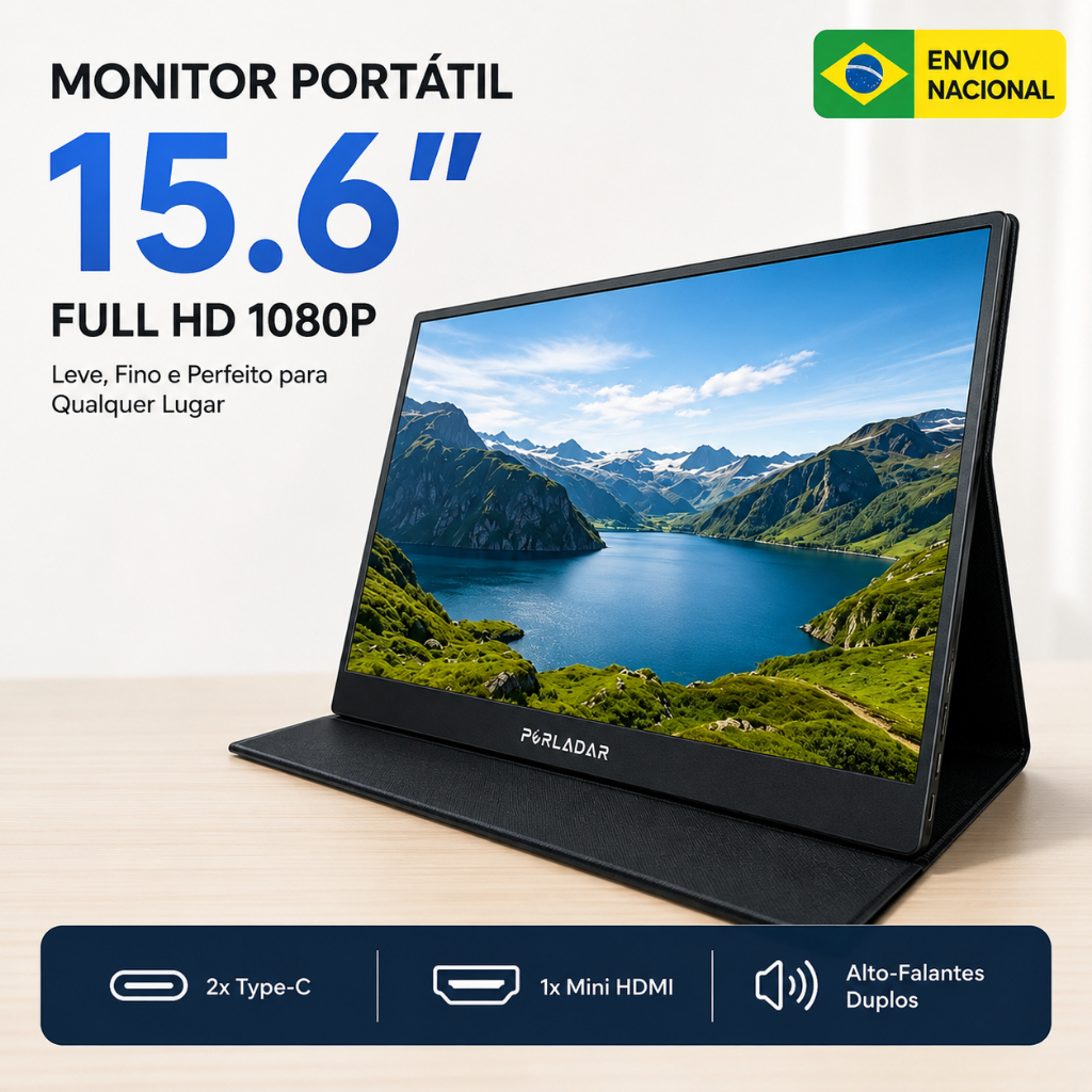 Monitor Portátil 15.6" Full HD 1080P IPS - Extensor de Tela p/ Notebook, PS5, Xbox, Celular - HDMI/USB-C C/ Capa