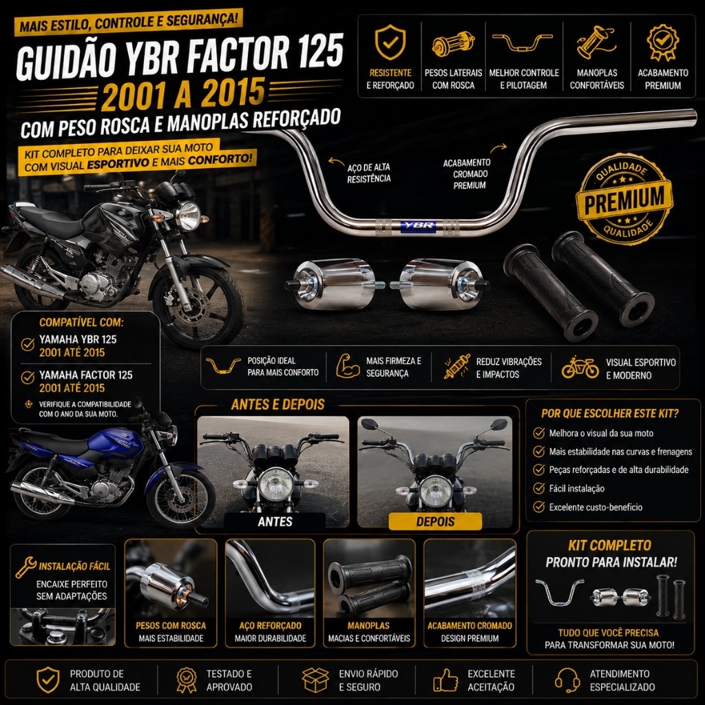 Guidão YBR Factor 125 2001 a 2015 Com Peso Rosca e Manoplas Reforçado