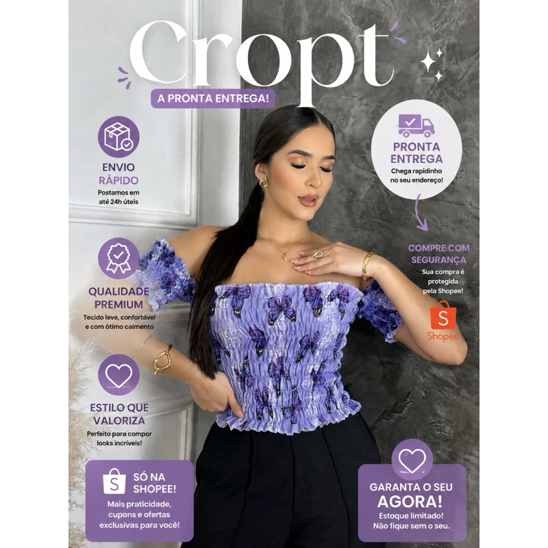 Croppeds Ciganinha Blusinha Feminina Lastex Manga Curta Ombro a Ombro