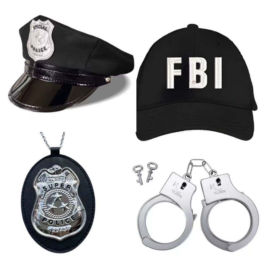 Kit Completo para Fantasia de Policial/FBI - Quepe/Bone + Algema + Distintivo Carnaval