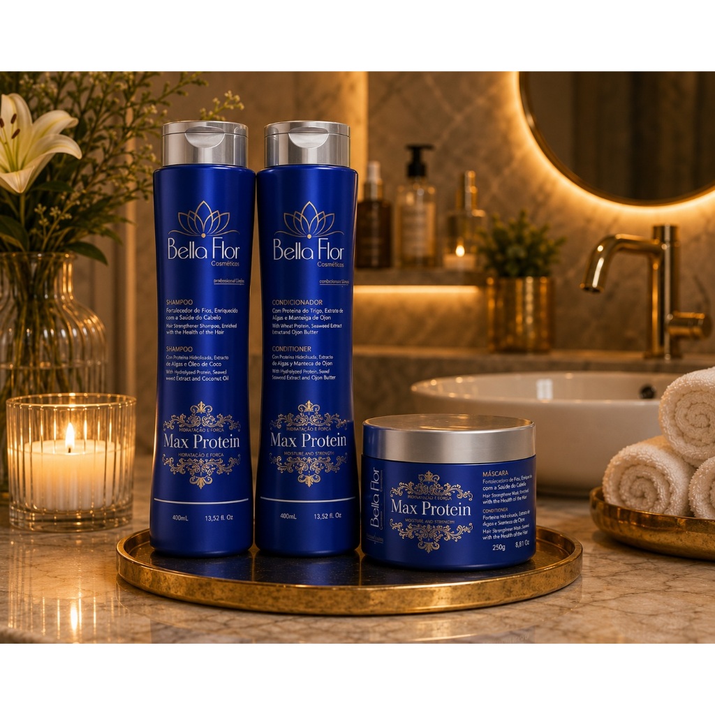 Kit Capilar Max Protein 3 Produtos Shampoo Condicionador Máscara Bella Flor Fortalecimento Brilho Profissional