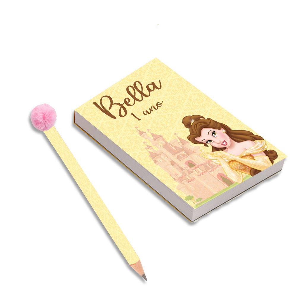 Kit Lembrancinha Para Festa: 10 lápis + 10 Bloquinhos Personalizados BELA E A FERA