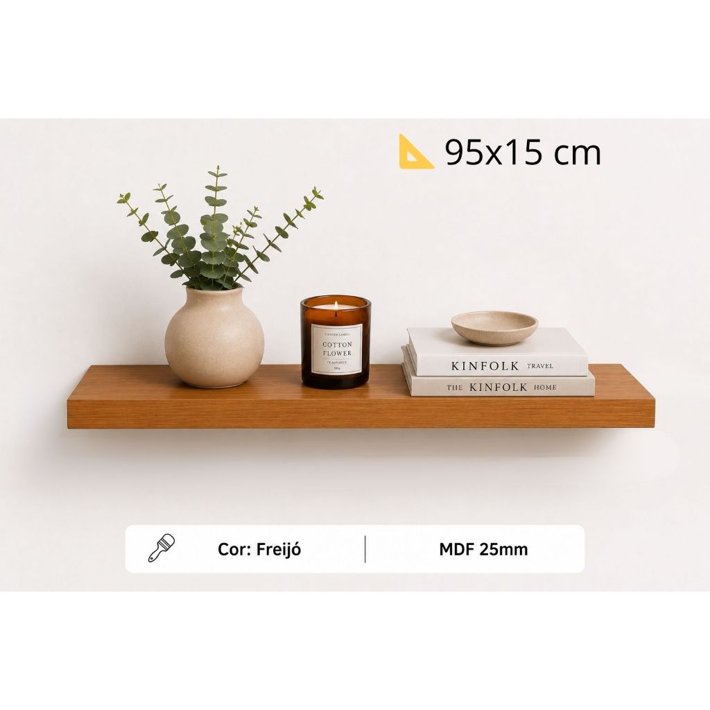 Prateleira 95x15 amadeirada freijó MDF 25mm com suporte invisível decorações quarto sala escritório