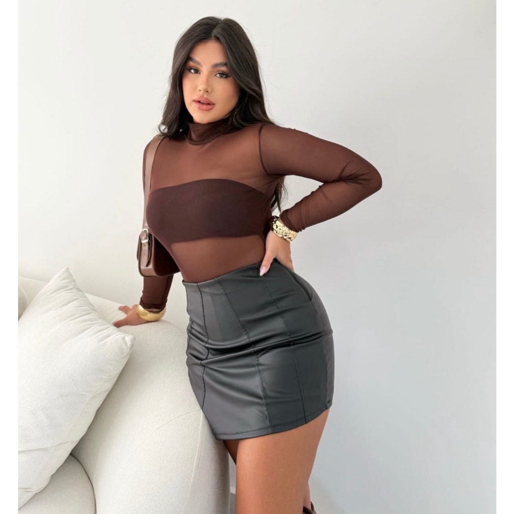 Body Feminino Tecido Tule Transparente Manga Longa