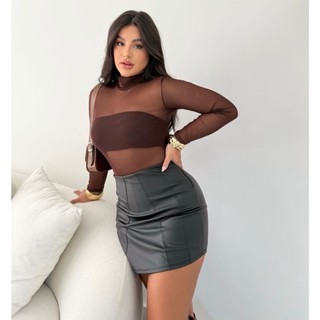 Body Feminino Tecido Tule Transparente Manga Longa
