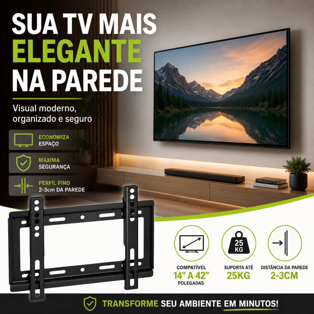 Suporte TV 14 a 42 Polegadas Fixo Universal Parede LED LCD VESA 200x200 Slim 25kg