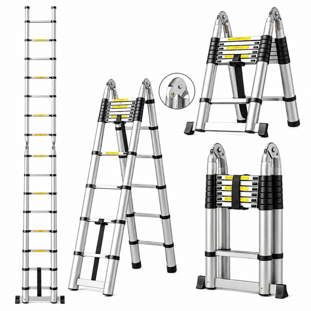 Escada Telescópica Dupla em Inox 18 Degraus  5,6 m Extensível Dobrável Multifuncional