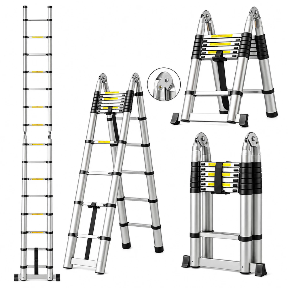 Escada Telescópica Dupla em Inox 18 Degraus 5,6 m Extensível Dobrável Multifuncional