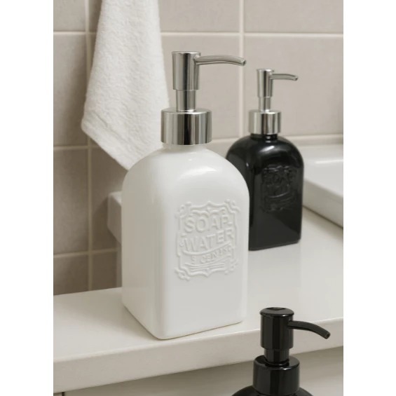 Detalhes do Porta Sabonete Liquido 400ML 20x8Cm Dispenser Para Banheiro Vidro Preto Ou Branco Decorativo clink