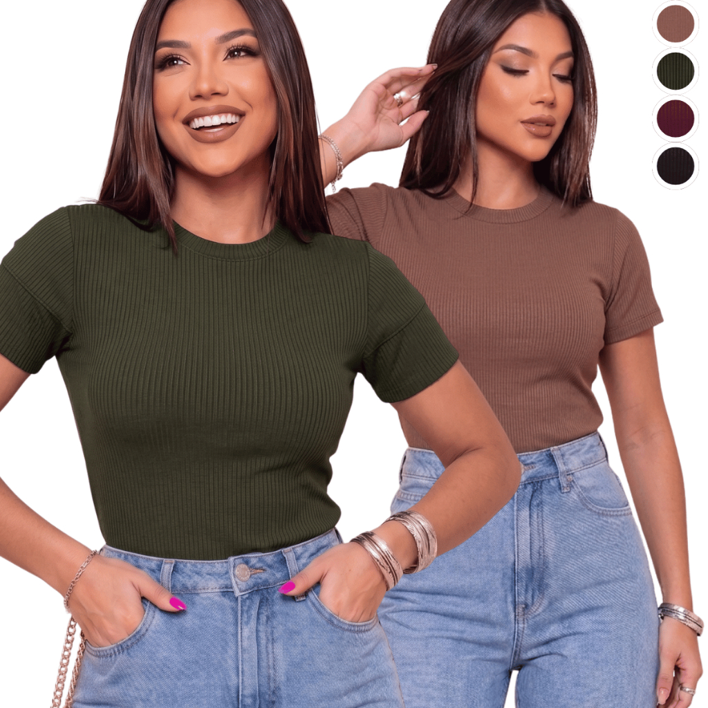 Kit 2 Blusa Feminina Ribana Canelada Básica Manga Curta Cropped Casual Confortável