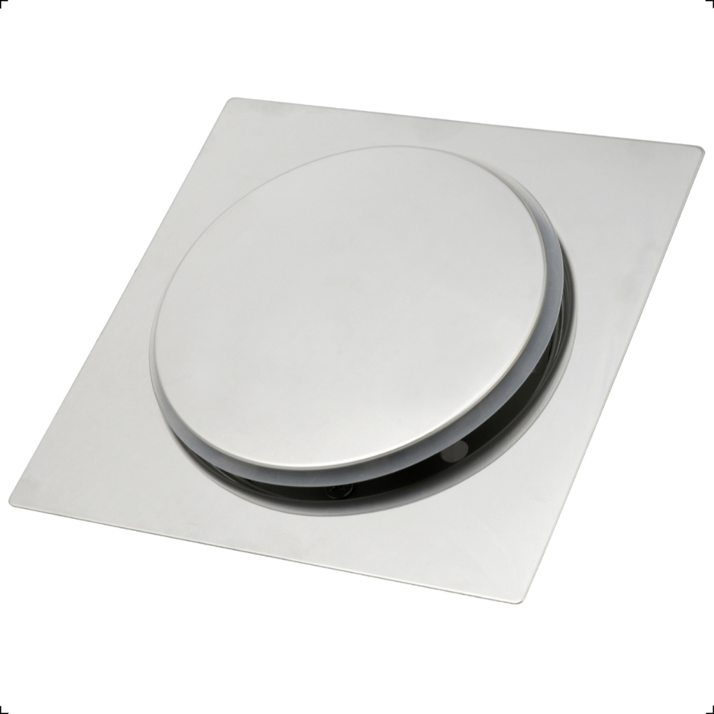 Ralo Click 10x10 Prateado Cromado Brilhante em Aço Inox Quadrado Inteligente Para Banheiro