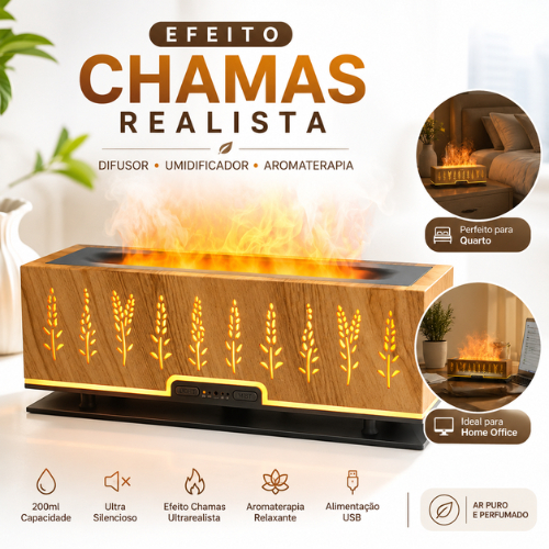 Difusor Aromático Umidificador Efeito Chamas LED Ultrassônico Aromaterapia Silencioso Decorativo USB Purificador Casa