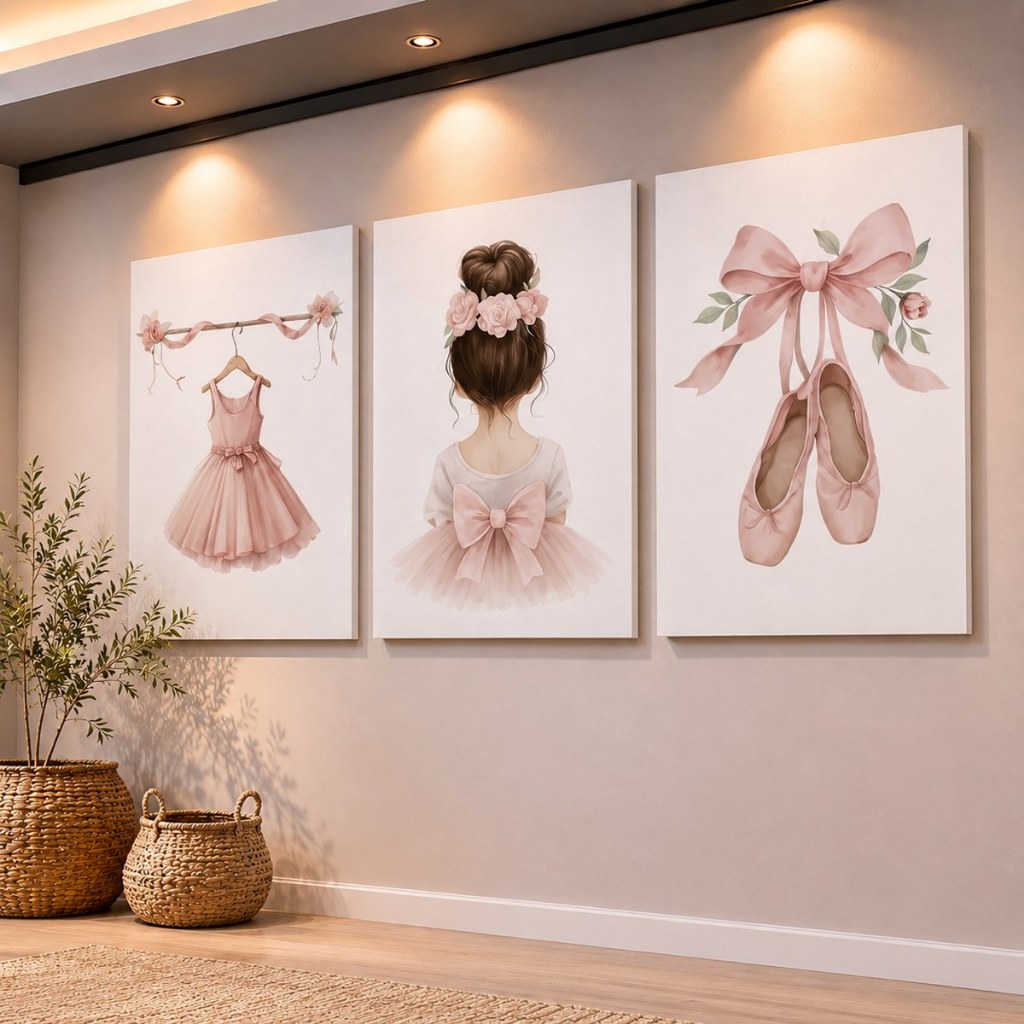 Kit 3 Quadros Quarto Menina Bailarina Sapatilha com Laço Rosa Ballet Delicado