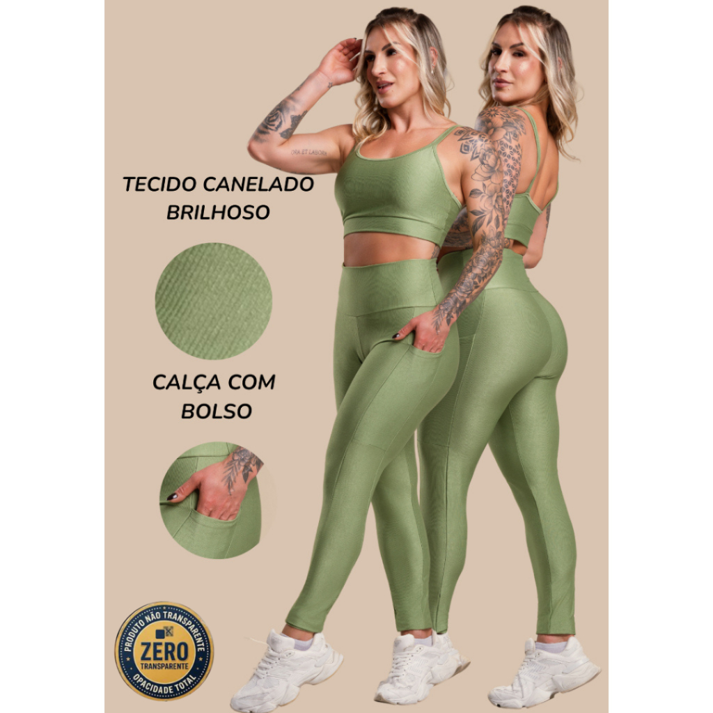 Conjunto Fitness Feminino Canelado Brilhoso Academia Treino Top Alça e Calça Com Bolso Cintura Alta Brilho GJR Modas
