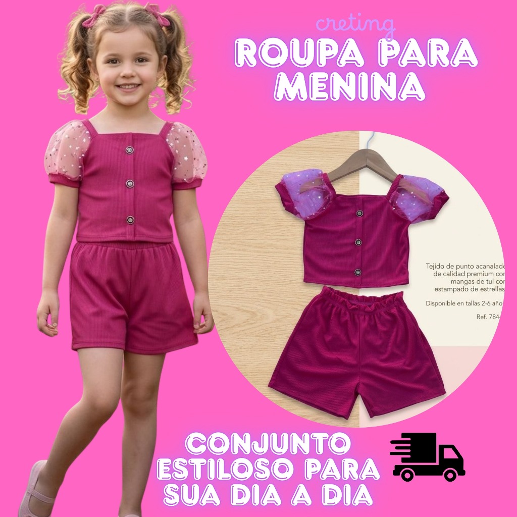 Conjuntos Infantil Feminino Cropped e Short Menina Tam 2 ao 8 A A DIA