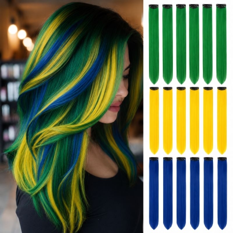 Mechas Verde Azul Amarelo Copa Brasil 6 unidades tic tac de fibra orgânica de 65 cm suporta chapinha e babyliss